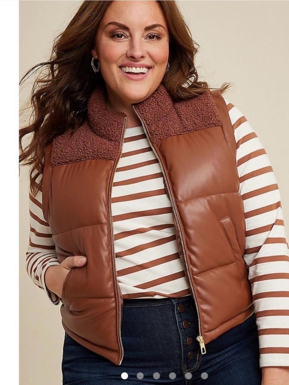 NWT Maurices Faux Leather Mixer Vest XXL Quilted Sherpa Collar Zip Brown